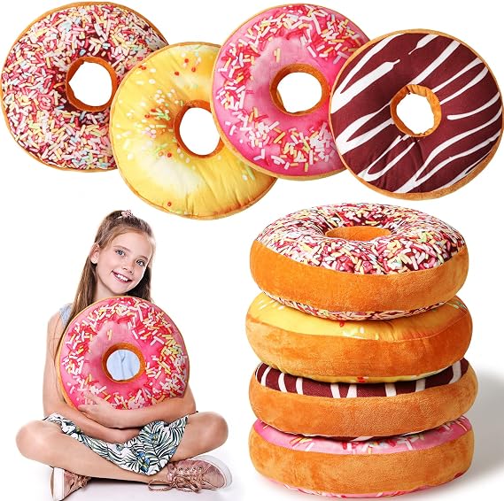 4 Pcs Donut Pillow 3D Digital Print Round Throw Pillow 16 Inches Donut Seat Back Stuffed Cushion Funny Decorative Soft Plush Food Stuffed Decor Seat Pad Cushion for Couch Chair Floor Sofa, 4 Styles
