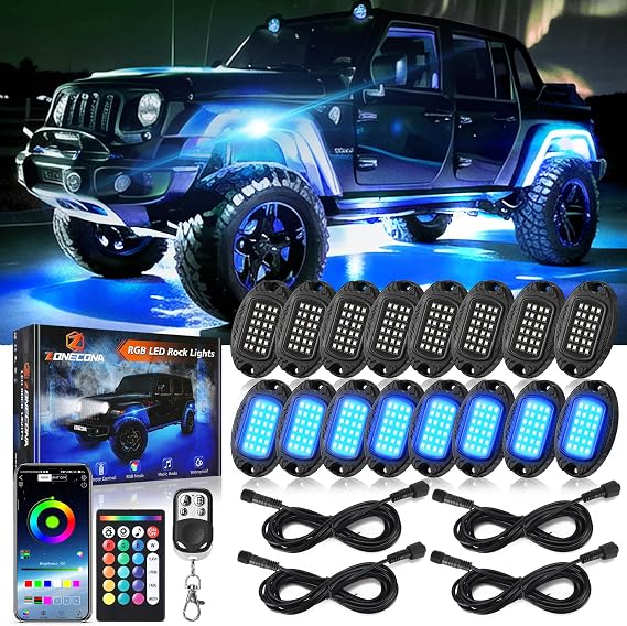 16Pods Metal RGB Rock Lights Kit+4PCS 47 inch 4-Pin RGB Rock Lights Extension Wire Cable Cord