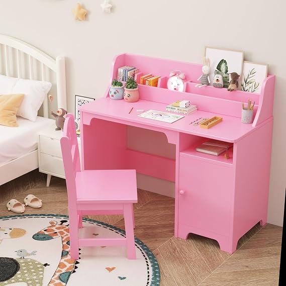 GarveeHome Wooden Kids Study Desk Chair Set Hutch Storage Cabinet Ages 3-12
