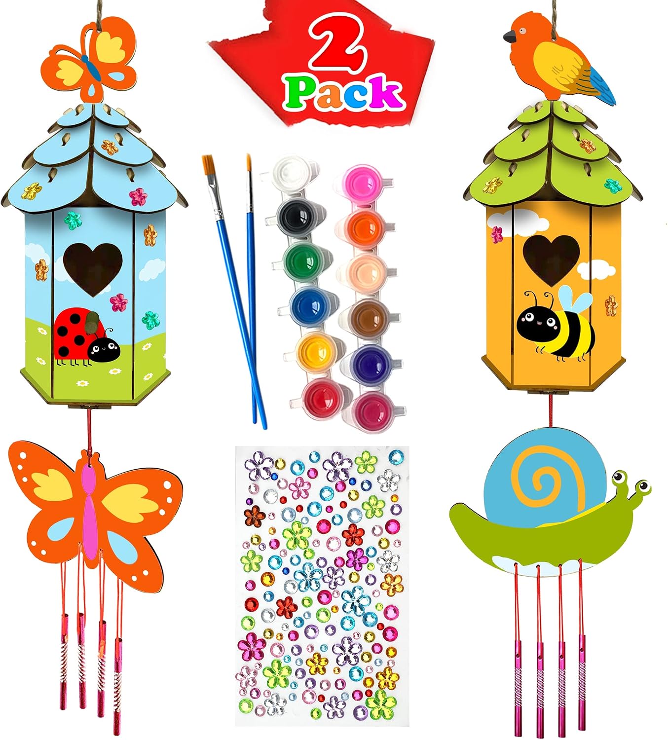 TISTON 2 Pack Build and Paint Birdhouse Kits, DIY Bird House Wind Chime Kit, Wooden Arts and Crafts for Kids Girls Boys Toddlers Ages 4-6 8-12 Includes Paints & Brushes