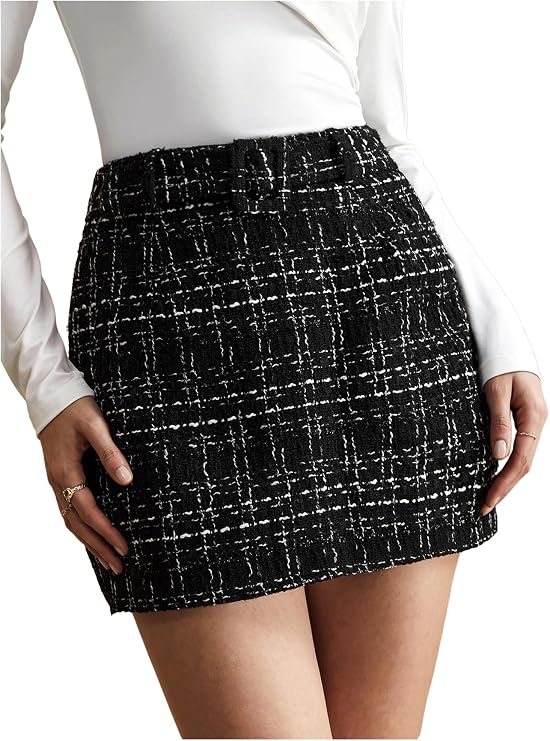 Women's Plaid High Waisted Business Casual Tweed Belt Mini Skirts