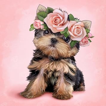 DIAMOND ART CLUB Yorkie & Roses Diamond Painting Kit, Fun DIY Crafts for Adults, Square Diamond Art Canvas, 13" x 13" (33 cm x 33 cm)