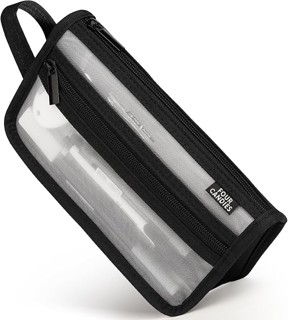 Four Candies Grid Mesh Pencil Case, Clear Double-layer with Handle (Black)