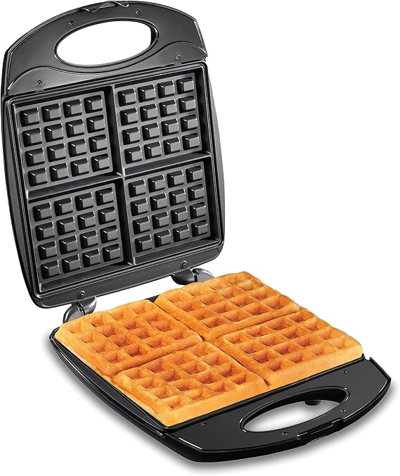 Hamilton Beach Non-Stick Belgian Waffle Maker with Indicator Lights, Makes 4 4 x 5 Mini Waffles, Hashbrowns or Keto Chaffles at Once, Compact Design for Easy Storage, Black & Stainless Steel 26020
