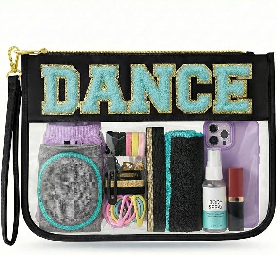 Dance Bag Dance gifts,Dance Stuff Dancer Gifts, Dance Makeup Bag Chenille Letter Clear Cosmetic Bag, Dance Competition Must Haves Essentials Bag for Girls Women