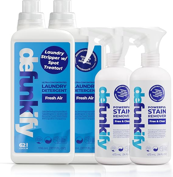 Get Stainy Bundle- 2Pk 'Fresh Air' Laundry Detergent & 2Pk Stain Remover Spray. Washing Detergent Soap & Spot Treater Prewash for Activewear, Carpet, Gear. Kid, Pet & Sensitive Skin Safe