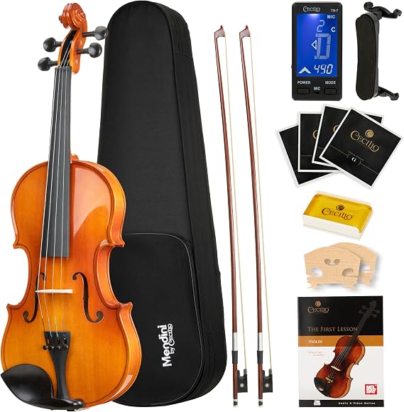 Mendini by Cecilio Violin 4/4 Full Size Set For Beginners - Hand Carved Acoustic Violins Set - Fiddle Solidwood Kit with Hard Case, Two Bows, Tuner, Rosin, Shoulder Rest, Extra Strings, Lesson Book