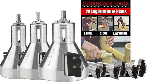 Lumberjack Tools Tenon Cutter Kit for Log Furniture, 1" & 1.5" & 2" Cutters & Forstner Bits, Industrial Series Aluminum, 1/2" Shank, Dual Blades Creates Tapered Shoulder Profile, Made in USA