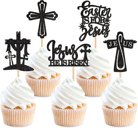 25Pcs Cross Cupcake Toppers Jesus he si Risen Easter Is For Jesus Cupcake Christian Theme Baby Shower Birthday Party Cake Decorations Supplies Black