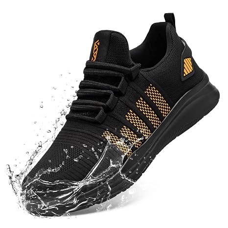 FLOWING PLUME Waterproof Trainers Men Lightweight Rain Men Trainers Comfortable Walking Sneakers Outdoor Fitness Casual Jogging, Black Orange, 10.5