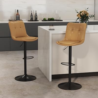 KCC Bar Stools Set of 2, Adjustable PU Leather Swivel Barstools, Modern Upholstered Counter Stools with Back and Footrest, Counter Height Barstools for Kitchen,Bar,Dining Room Brown