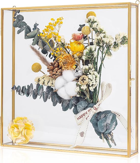 Large Shadow Box Frame 12x12, Glass Wedding Shadow Boxes Display Case, Deep 3D Picture Frame with Traceless Removable Adhesive for Wedding Bouque, Memories, Tickets and Photos