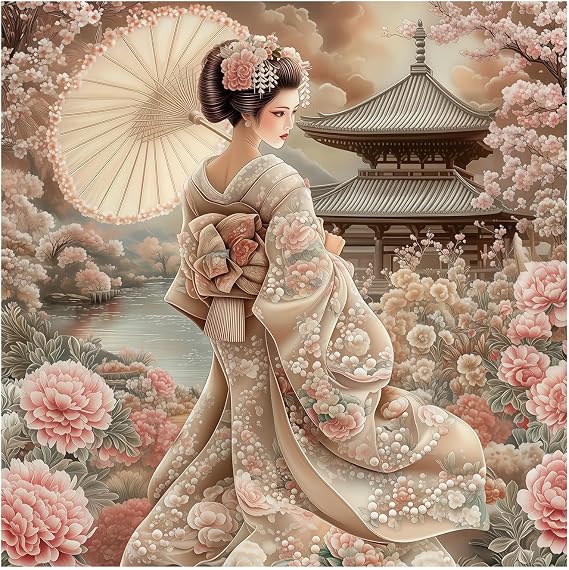 Japanese Kimono Geisha Puzzle 1000 Piece for Adults, Spring Colorful Cherry Blossom Flower Jigsaw Puzzle, Vintage Garden Nature Art Puzzles