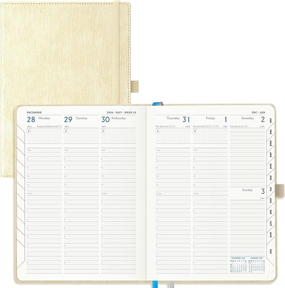 Academic Diary 2026-2027 Week to View A5 Medium (21.9x16.2 cm) 18 Months (Jul'26 - Dec'27) Mid Year Diary 26/27 Vertical Weekly Planner with Timeslots& Month Tabs, PU Leather Beige