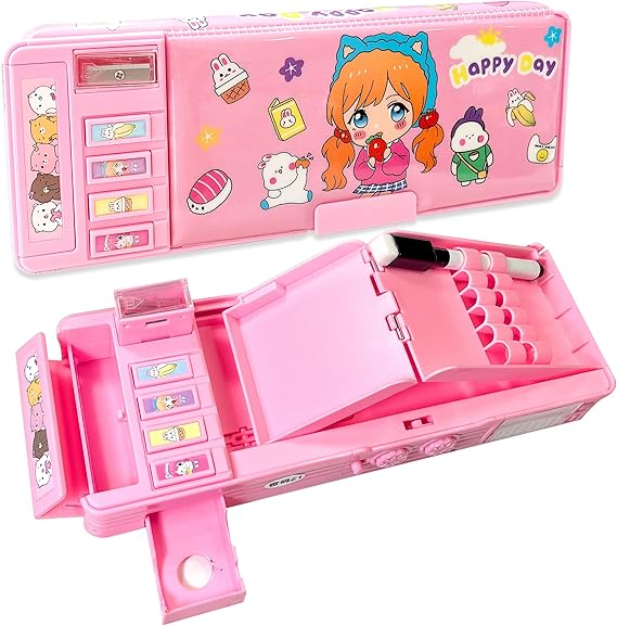 Pop Up Multifunction Pencil Case for Girls, Cute Cartoon Pen Box with Password Lock, Sharpener, Whiteboard, Best Birthday Gifts for Kids Teens