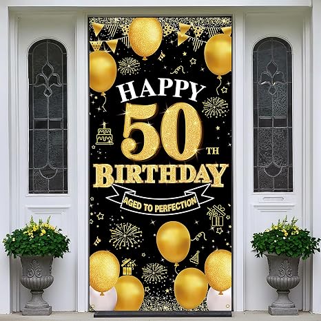 PHXEY 50歳の誕生日バナー ブラックゴールド、Happy 50th Birthdayデコレーション、ファブリック、50歳の誕生日パーティー、ヤードサイン、フォトブース小道具、ドアの背景装飾、屋内、屋外。