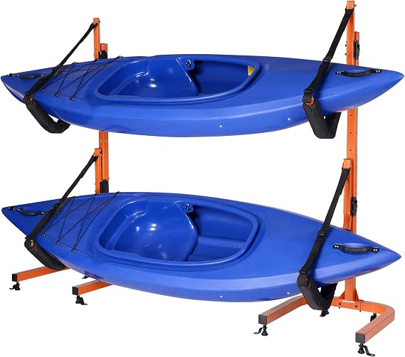 RAD Sportz Kayak Storage Rack - Freestanding Kayak Stands with Padded Arms and Adjustable Straps - Holds 2 Canoes, SUP, or Paddleboards (Orange)