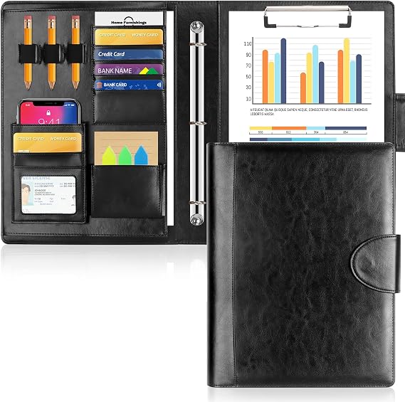 Toplive Portfolio 3 Ring Binder Padfolio Folder, Business Interview Resume Portfolio for Women Men A4/Letter Size Document Organizer with Clipboard Receipt Sleeve Card Holder, Black