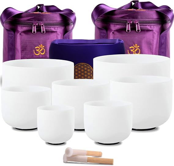 FMTY Perfect Pitch(10HZ) crystal singing bowl chakra healing bowl set of 7pcs 6-12inch with Two travel bags and 7 soft bags for sound healing bowl (432HZ White 6-12inch 7PCS)