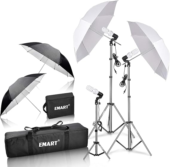 EMART Umbrella Photography Lighting Kit with 45W 5500K Bulb for Studio | 33" Shoot Through & Reflective Photography Umbrella, Tripod Stand, Full Spectrum Bulbs for Video Recording, Portrait, Podcast