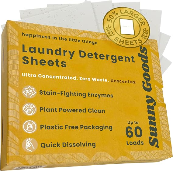 Laundry Detergent Sheets with Plant Powered Stain-Fighting Enzymes - 60 Loads - Concentrated Liquidless Laundry Soap Sheets - Home and Travel Laundry Detergent - Unscented