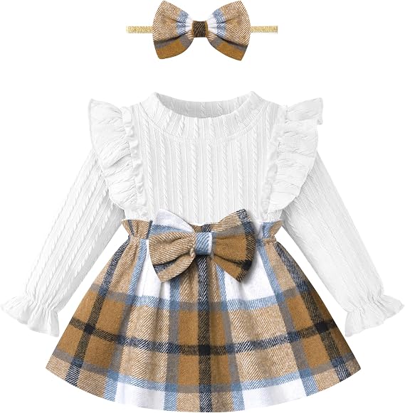 Baby Girl Clothes Infant Dress Plaid Ruffle Long Sleeve Dresses + Headband Cute Fall Winter Baby Dress