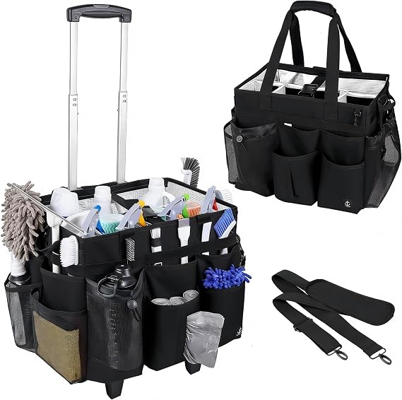 Rolling Cleaning Caddy Bag Built-in Hard Plastic Sheet Detachable Trolley