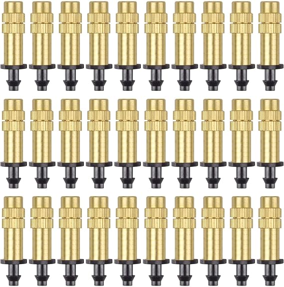 30PCS 1/4" Adjustable Copper Misting Nozzle Kalolary Brass Sprinkler Nozzle | Mister Nozzles Drip Irrigation Emitter 4/7mm Atomizing Micro Sprinkler Heads Water Equipment for Lawn Vegetables (Long)