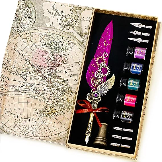 Feather Calligraphy Pen, Quill and 5 Ink Bottles, Calligraphy Pen Set for Writing, Letters, Diary, Signing, Invitations (Purple)