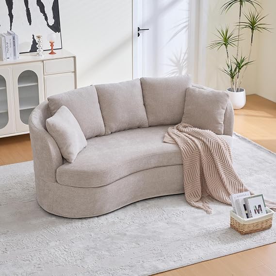 KEIKI 74 Curved Loveseat Sofa, Curved Couches with 4 Removable Cushions, Modern Luxury Plush Chenille Extra-Deep Seat Sofa for Small Spaces, Living Rooms, Bedroom, Taupe