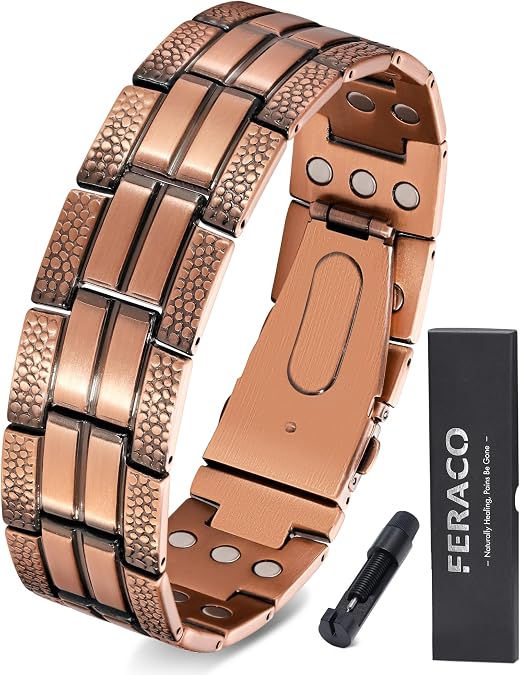 Feraco Copper Bracelet for Men Magnetic Therapy Bracelet Jewelry | 3X Strength Magnets,3500 Gauss,Adjustable Length,Premium Fold-Over Clasp
