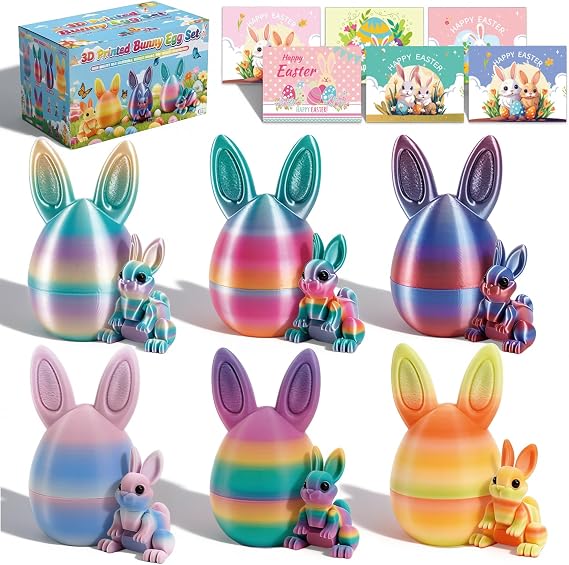 6Pcs 3D Printed Easter Eggs with Bunny Inside, 3.26in 3D Printed Animals Easter Rabbit Decor, Articulated Flexible Fidget Toys for Kids, Surprise Bunny Egg Easter Basket Stuffers