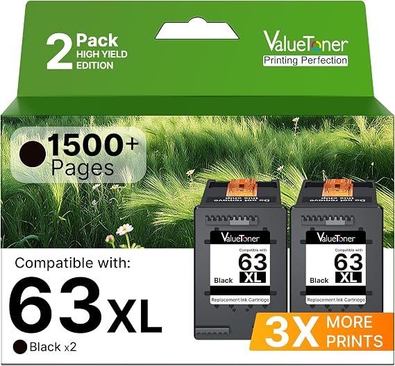 63XL Black Ink Cartridge Compatible for HP 63 Black Ink Cartridge 2-Black