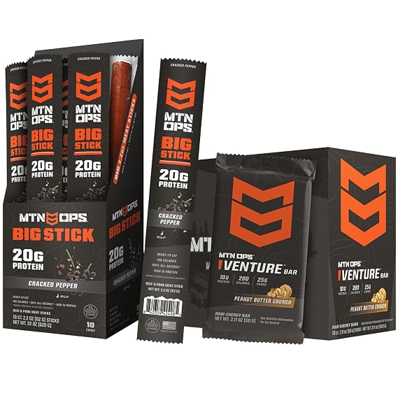 MTN OPS Big Stick High Protein Meat Sticks Cracked Pepper & Peanut Butter Crunch Venture Bars Bundle