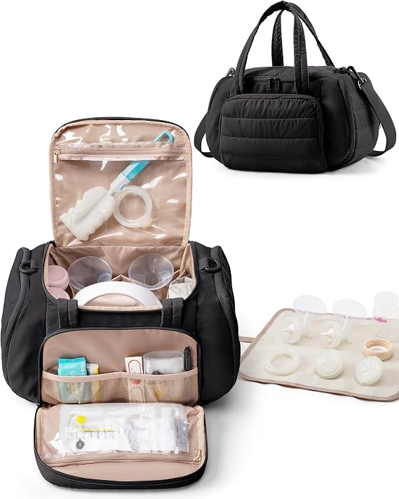 Marscamd Quilted Breast Pump Bag Compatible with Spectra S1 and S2 | Pumping Bag with Cooler Compartment and a Drying Mat, Black