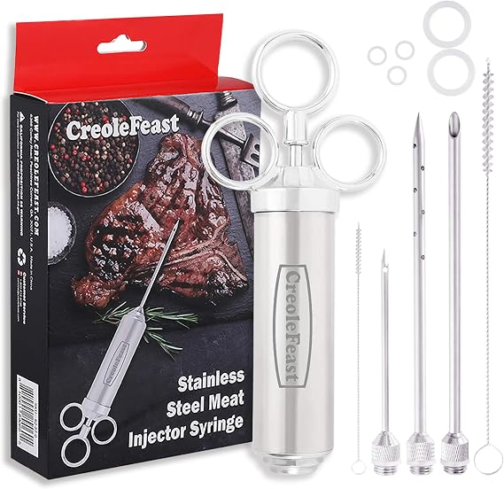 Creole Feast IS1001 Stainless Steel Meat Injector Syringe Kit with 3 Marinade Needles for BBQ Grill Smoker, 2-oz Capacity Turkey Injector Syringe, Silver | Enhances flavor by injecting marinades | Includes multiple Stainless steel tip options for versatility