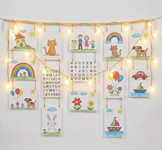 Kids Art Display Wall Art Decor, Wooden Beads Garland Frame Holder with 34 Clips for Artwork, Photo, Wall Hanging Boho Room Bedroom Decor