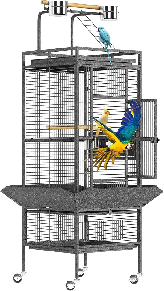 61" Large Parrot Cage, Rolling Caster Wheels, Large Bird Cage for Small Medium Parrots, Macaws, Cockatoos Sun Parakeet Green Cheek Conure Dove Lovebird Budgie Play Top with Stand