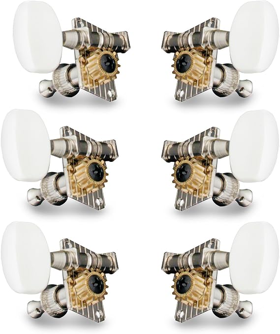 Economy Open Gear 3+3 Guitar Tuners, White Knobs