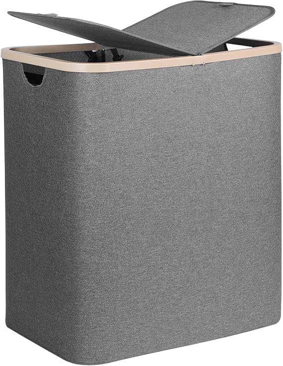 DOKEHOM 160L Double Laundry Basket Hamper with Lid & Removable Bags, Grey