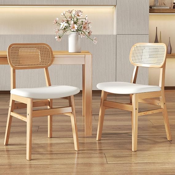 ROCITY Rattan Dining Chairs Set of 2 White Lambswool Dining Room Chairs Natural Wooden Kitchen Chairs Farmhouse