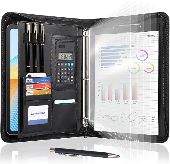 Leathario Portfolio Binder, Includes 10 Sheet Protectors and a Pen, 13 Inch Tablets Organizer, Vegan Leather A4 Padfolio, Multi-Pocket Notepad Business Planner Professional 3 Ring Document