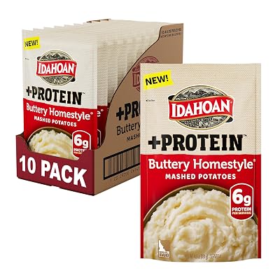 Idahoan Buttery Homestyle Protein Mashed Potatoes, Naturally Gluten-Free, 100% Real Idaho Potatoes, 4 servings per bag, 4.6 ounce Pack of 10