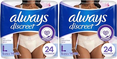 Always Discreet Sensitive, Incontinence & Postpartum Underwear for Women, Maximum Plus Protection, Large, 24 Count Pack of 2