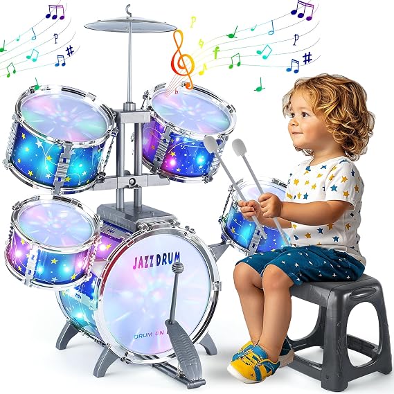 LinseyFun Upgraded Kids Drum Set for Toddlers 3-5, Light-up Jazz Drum Toy