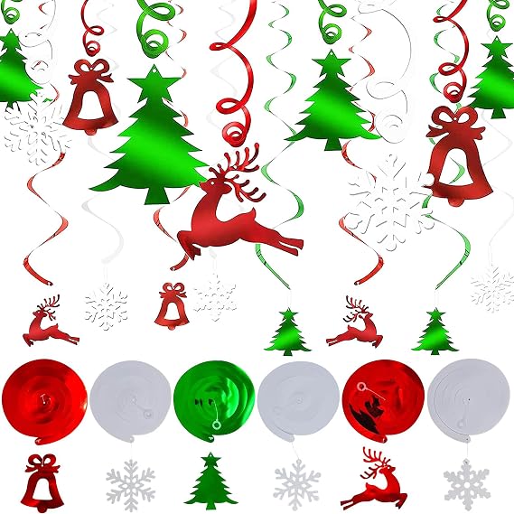 30PCS Christmas Ceiling Decorations - Hanging Swirls with Xmas Tree, Snowflake, Reindeer, Bell for Indoor/Outdoor Party Decorations