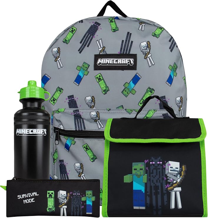 Minecraft School Bag Set | Boys School Bag Set | Gaming Backpack 4 Piece | Boys Backpacks | One Size Black