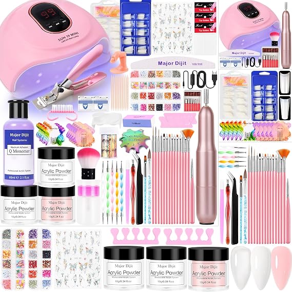 Acrylic Nail Kit Starter Set Everything for Beginners Home Salon Gifts | Professional Acrylic Powder Nail Drill U V Lamp Glitter Nail Decorations Nail Clippers