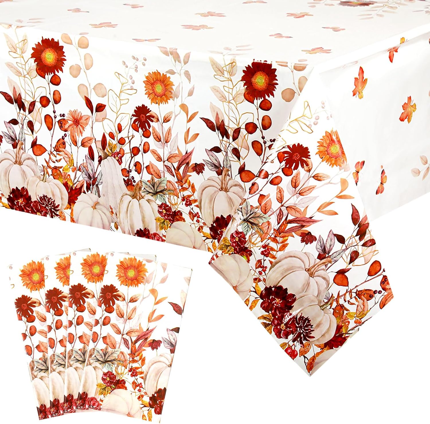 Newwiee 4 Pcs Thanksgiving Tablecloth Fall Plastic Tablecloths Pumpkin Wild Floral Disposable Table Cloth Rectangle Fall Rectangle Table Cover for Autumn Harvest Party, 108 x 54 Inch