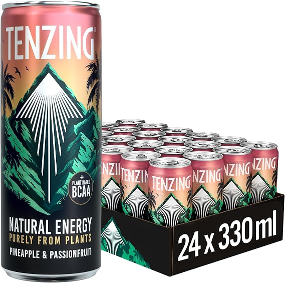 TENZING Natural Energy Drink, Plant Based, Vegan, Gluten Free Drink, +BCAA, Pineapple & Passionfruit, 330ml (Pack of 24) - Packaging may vary